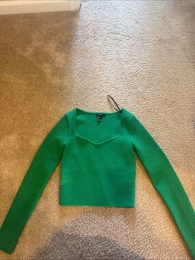 Forever 21 Green Ribbed Long Sleeve Square-ish Neck Top.